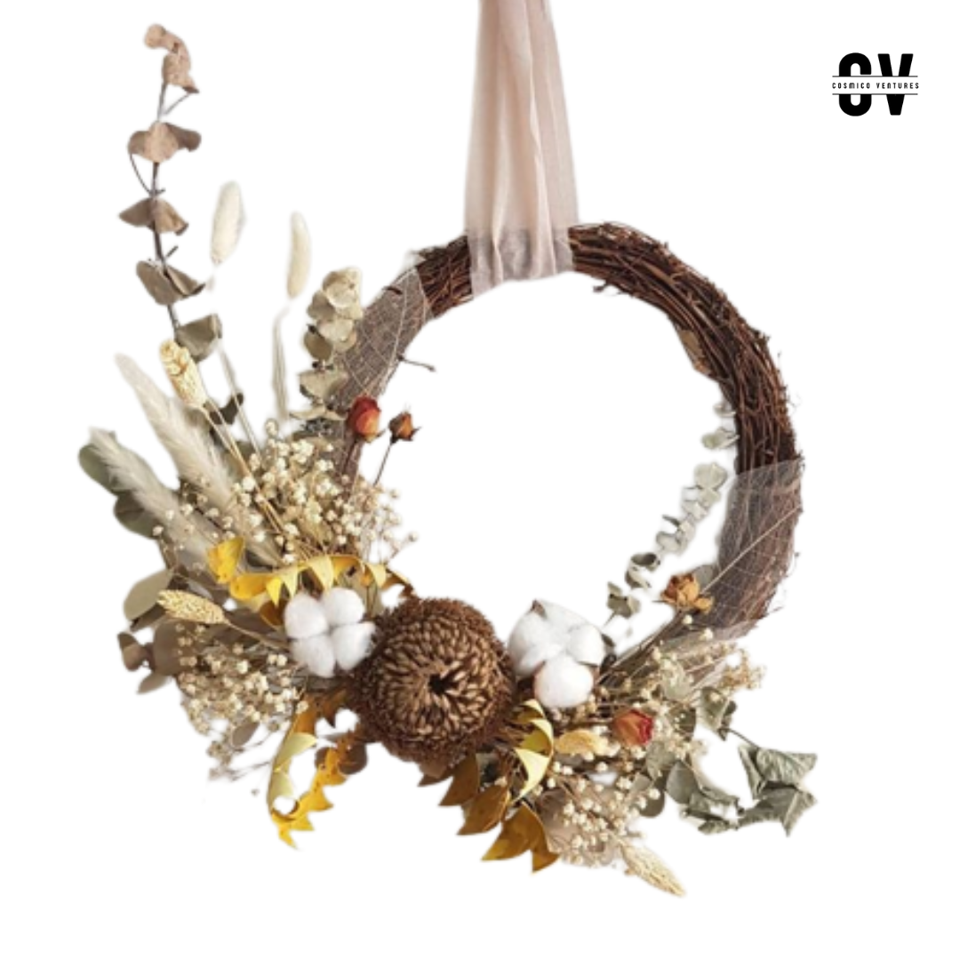 Natural Grapevine Rattan Dried Flower Wreath Ring - Christmas Decor for Doors & Windows