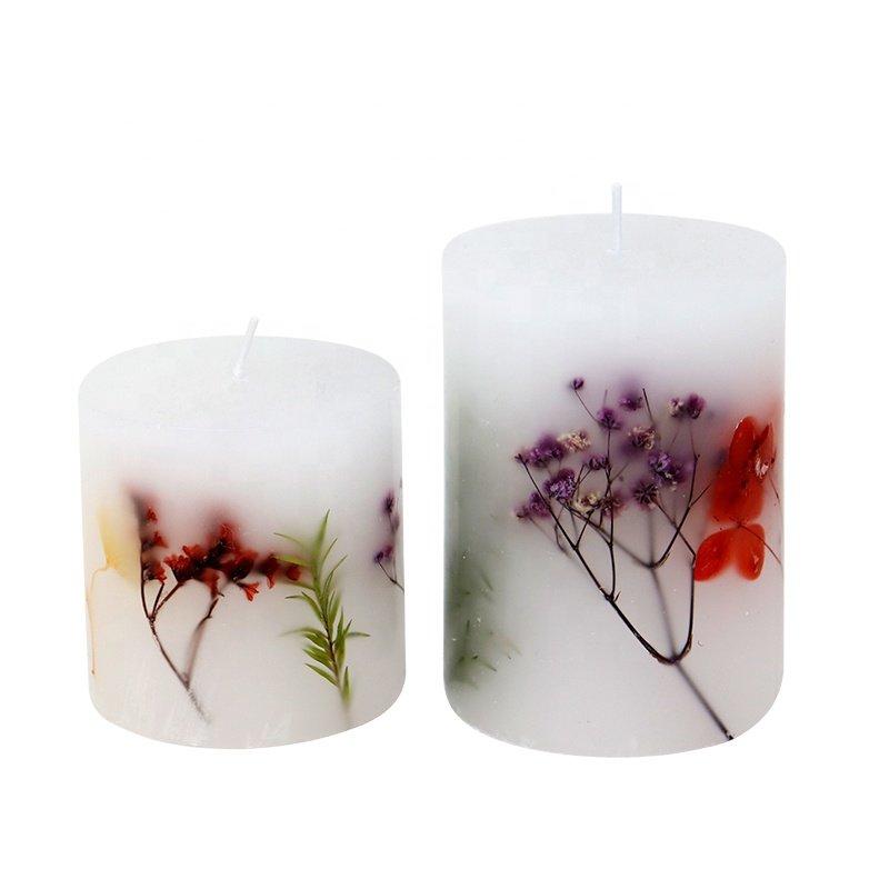 Beautiful Home Decor Candle With Flowers Paraffin Wax Unscented Dried Flower Pillar Candles Wholesale