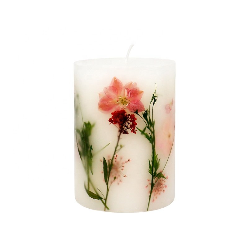 Beautiful Home Decor Candle With Flowers Paraffin Wax Unscented Dried Flower Pillar Candles Wholesale