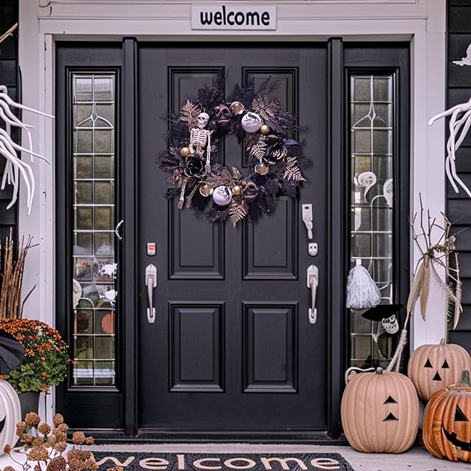 Diy Front Door Decoration Glitter Spider Artificial Roses Black Bow Light Up Halloween Skeleton Garland