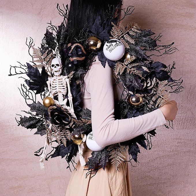 Diy Front Door Decoration Glitter Spider Artificial Roses Black Bow Light Up Halloween Skeleton Garland