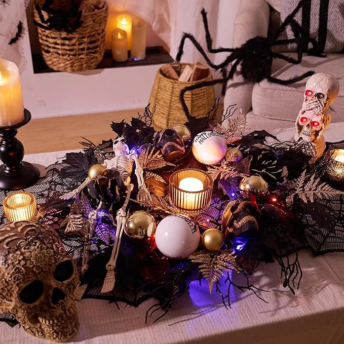 Diy Front Door Decoration Glitter Spider Artificial Roses Black Bow Light Up Halloween Skeleton Garland