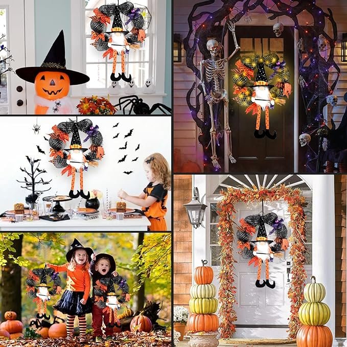 Halloween Home Decor Wreath with Lights Front Door Hanging Witch Hat Wreath Happy Halloween Supplies