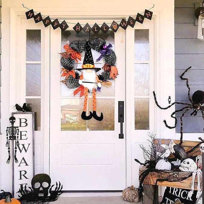 Halloween Home Decor Wreath with Lights Front Door Hanging Witch Hat Wreath Happy Halloween Supplies