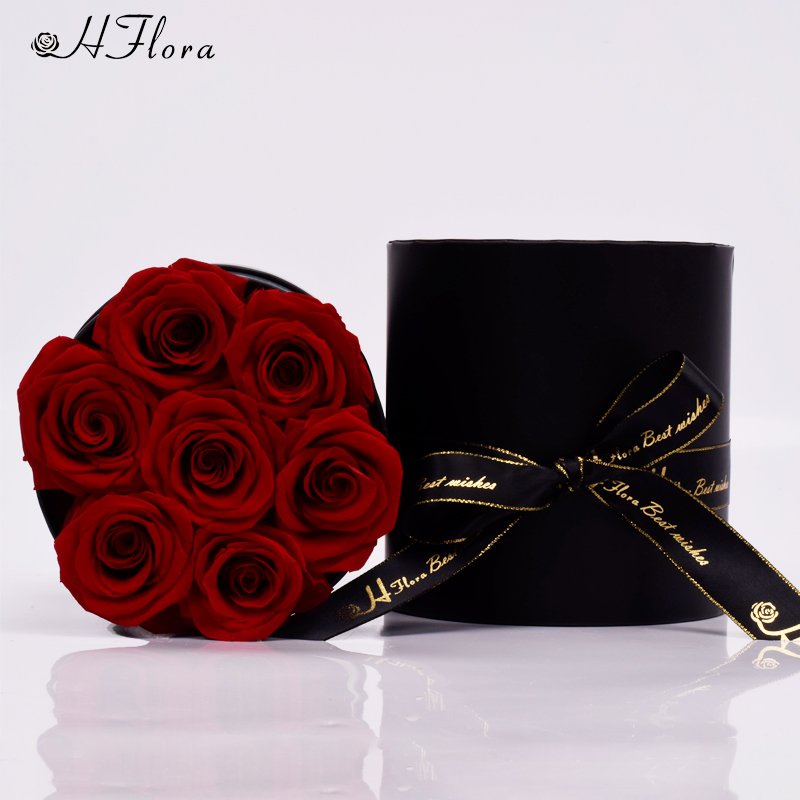 HFlora Large Beautiful A Grade Real Roses Eternal Flower Valentine's Day Christmas Day Finished Black Round Box Preserved Rose