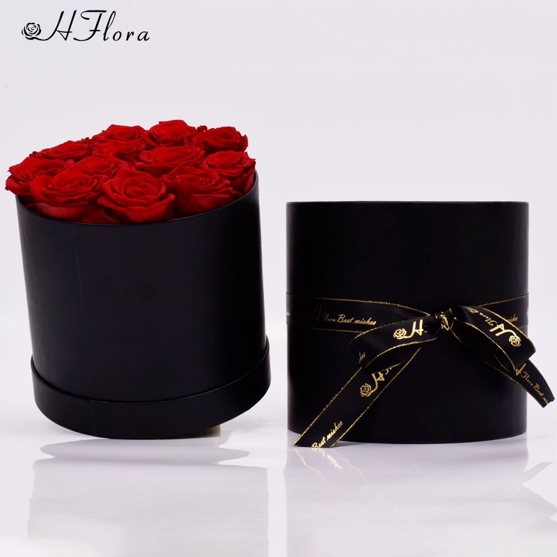 HFlora Large Beautiful A Grade Real Roses Eternal Flower Valentine's Day Christmas Day Finished Black Round Box Preserved Rose