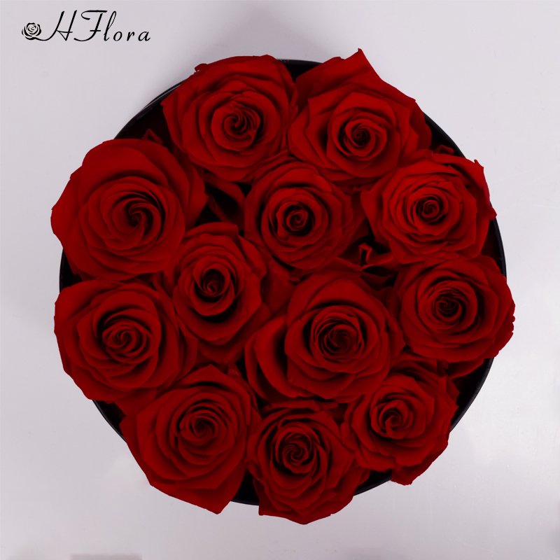 HFlora Large Beautiful A Grade Real Roses Eternal Flower Valentine's Day Christmas Day Finished Black Round Box Preserved Rose