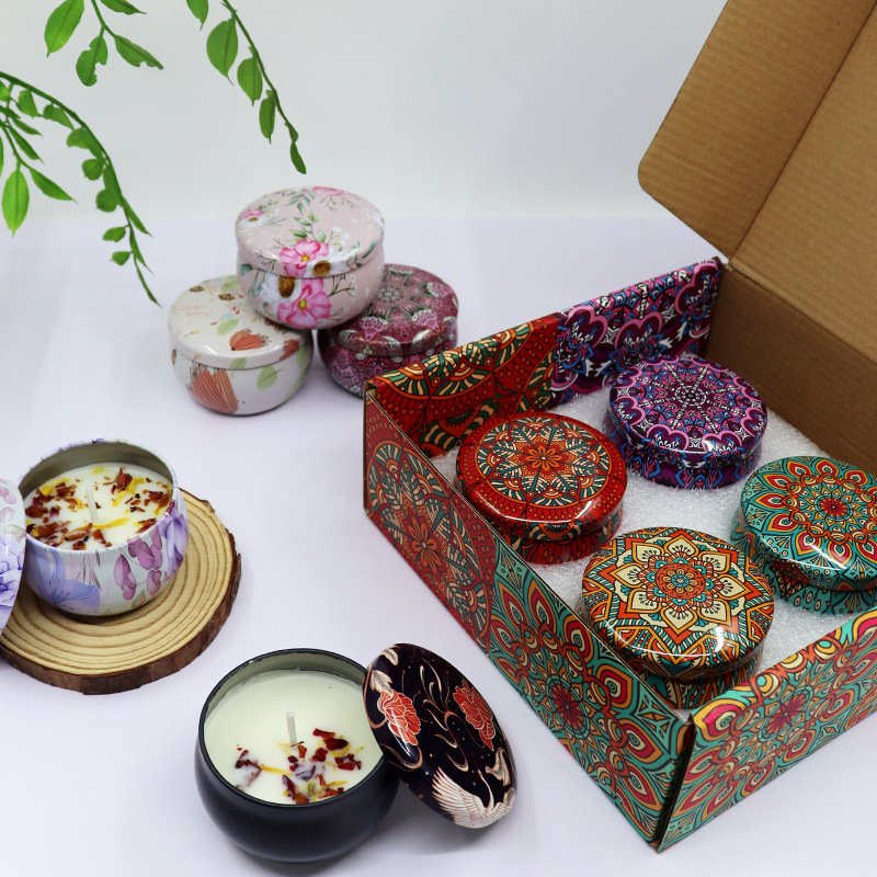 Travel Candle Soy Wax Tin Candle Gift Set Aroma Tin Jar Soy Wax Aromatherapy Scented Dry flowers Candle