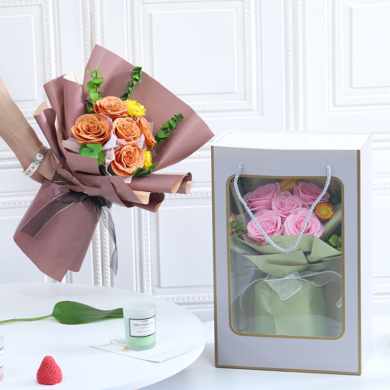 Customized Factory Supply Wholesale Dried Preserved Flowers Bouquets artificial soap flower bouquets.