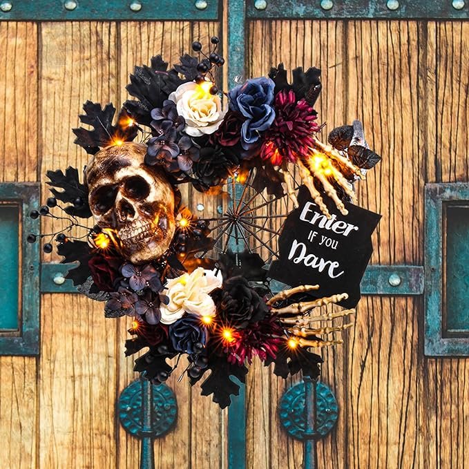 Halloween horror props horror skeleton decoration pumpkin wreath front door hanging holiday celebration party decorations