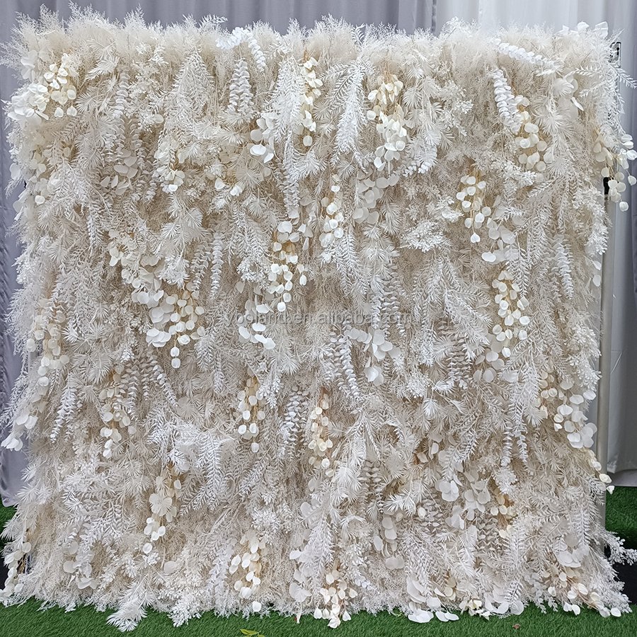Wedding Boho Floral Design Beige Dry Flower Panel Decor 3D 5D roll up Fabric Dried Artificial Pampas Grass Flower Wall Backdrop