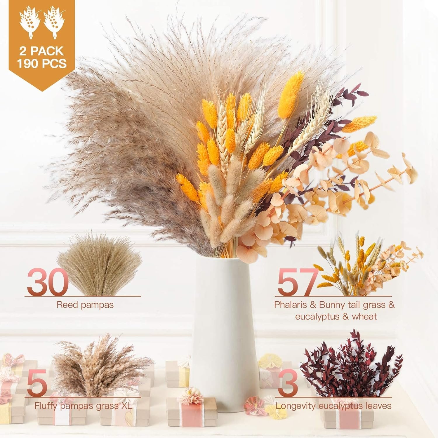 BX-1 Boho Orange Pampas Grass Decor Fluffy Dried Flower Bouquet for Home Fall Decorations