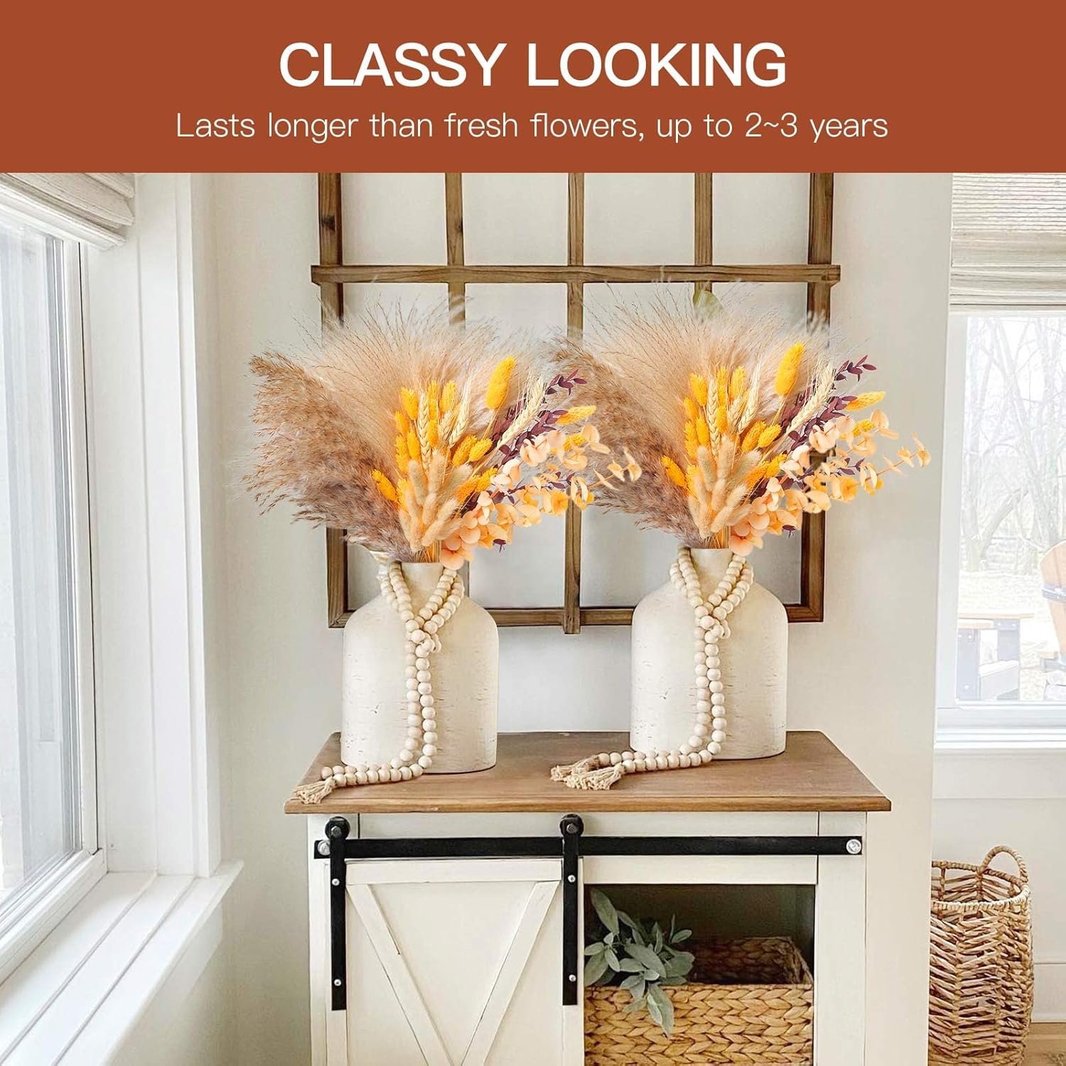 BX-1 Boho Orange Pampas Grass Decor Fluffy Dried Flower Bouquet for Home Fall Decorations