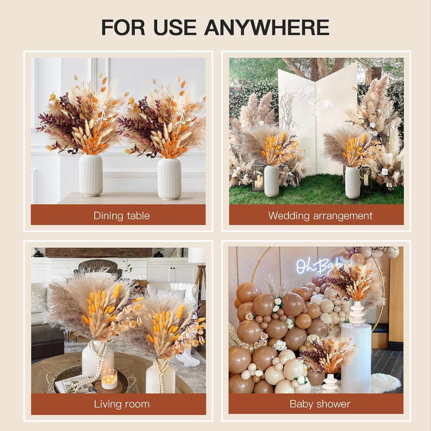 BX-1 Boho Orange Pampas Grass Decor Fluffy Dried Flower Bouquet for Home Fall Decorations