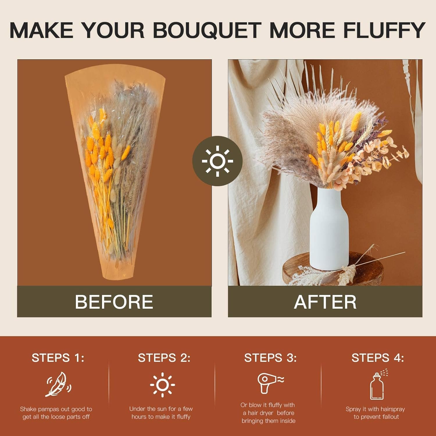 BX-1 Boho Orange Pampas Grass Decor Fluffy Dried Flower Bouquet for Home Fall Decorations