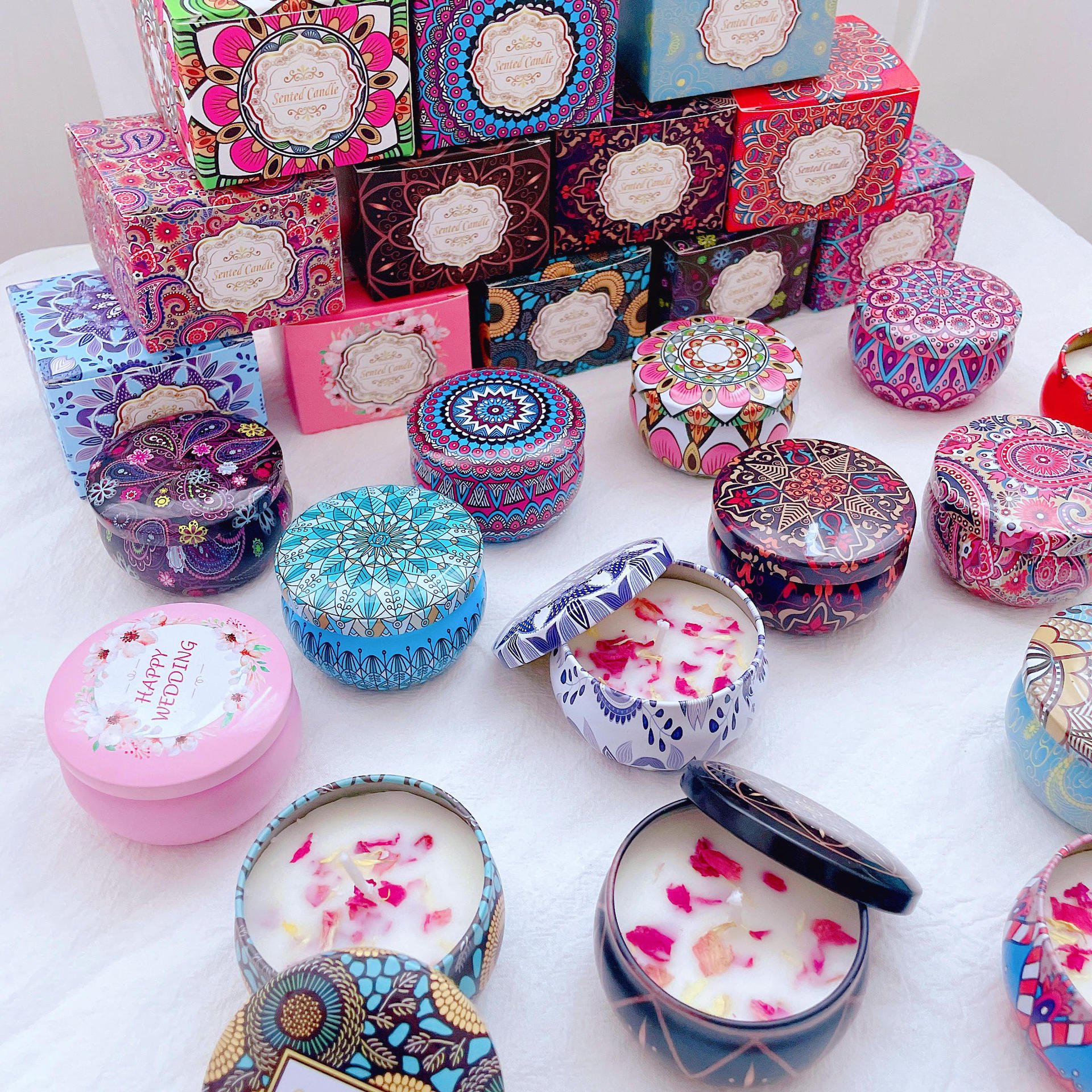Tinned Candles Scented Gifts Small Round Soy Way Candles With Dry Flowers Aromatherapy Dried Flower Fragrance Oils Candle