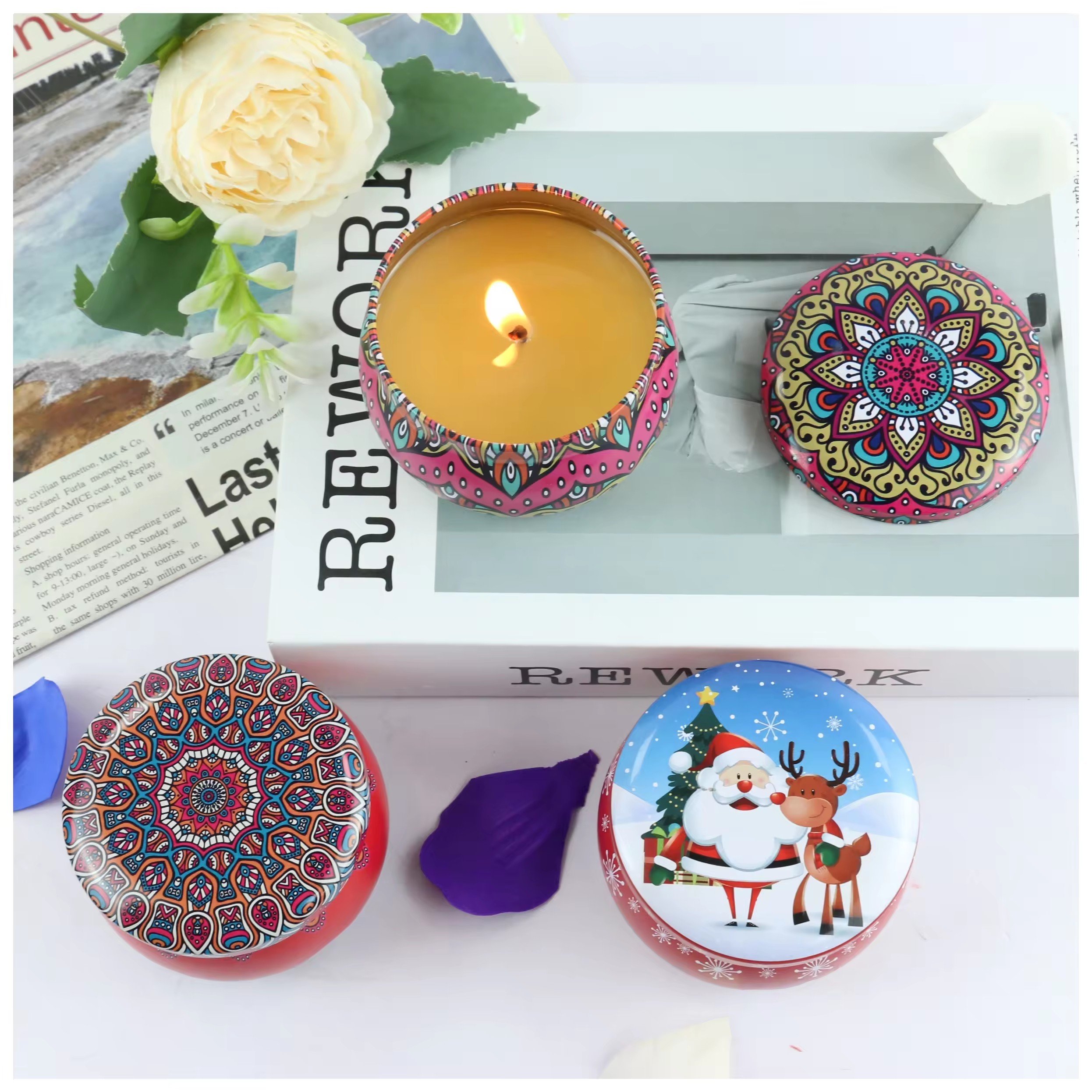 Tinned Candles Scented Gifts Small Round Soy Way Candles With Dry Flowers Aromatherapy Dried Flower Fragrance Oils Candle