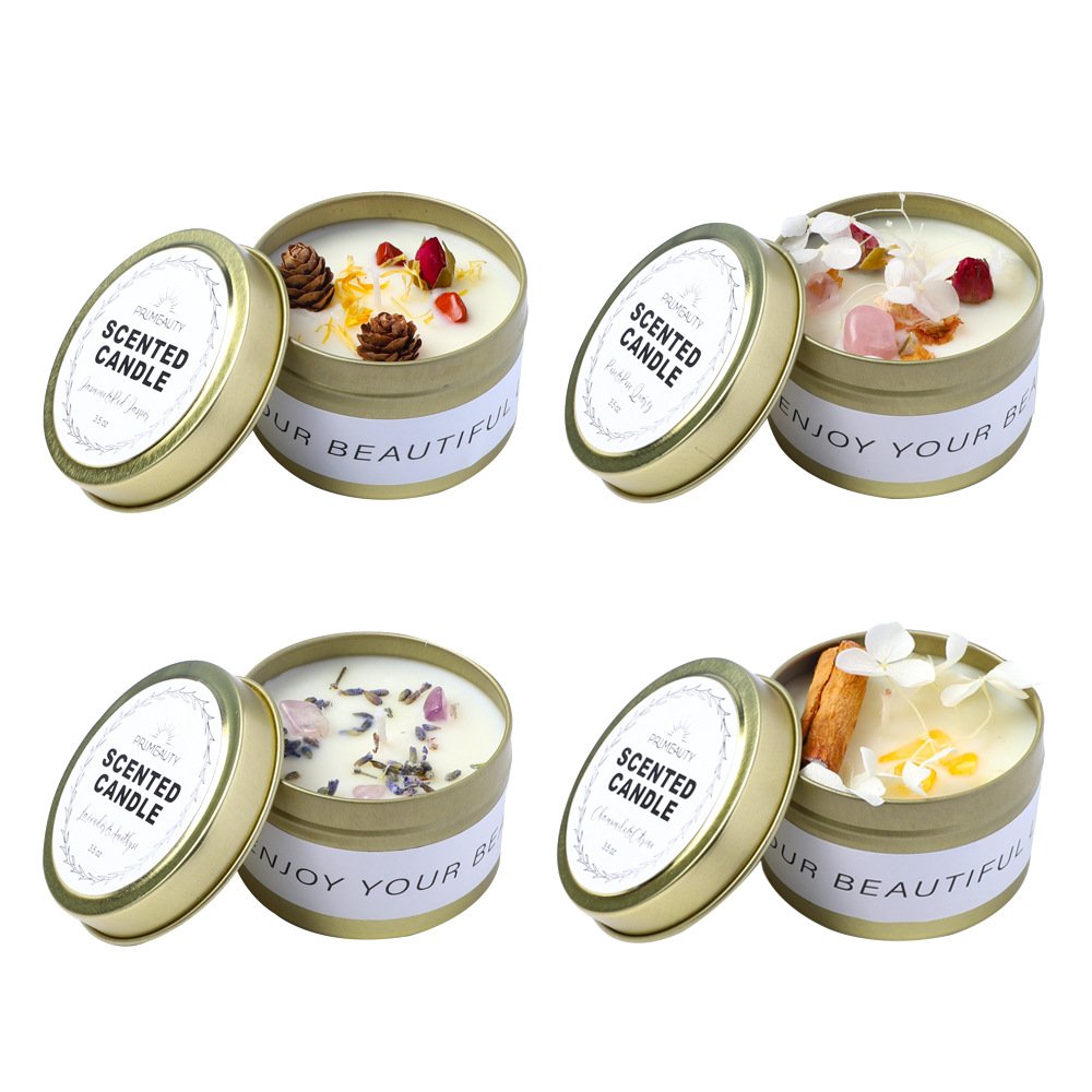 Wholesale luxury Gemstones Vegan Dried Flowers Tin Jar candle Luxury Scented candle with crystal in gift box