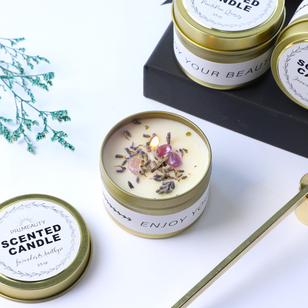Wholesale luxury Gemstones Vegan Dried Flowers Tin Jar candle Luxury Scented candle with crystal in gift box