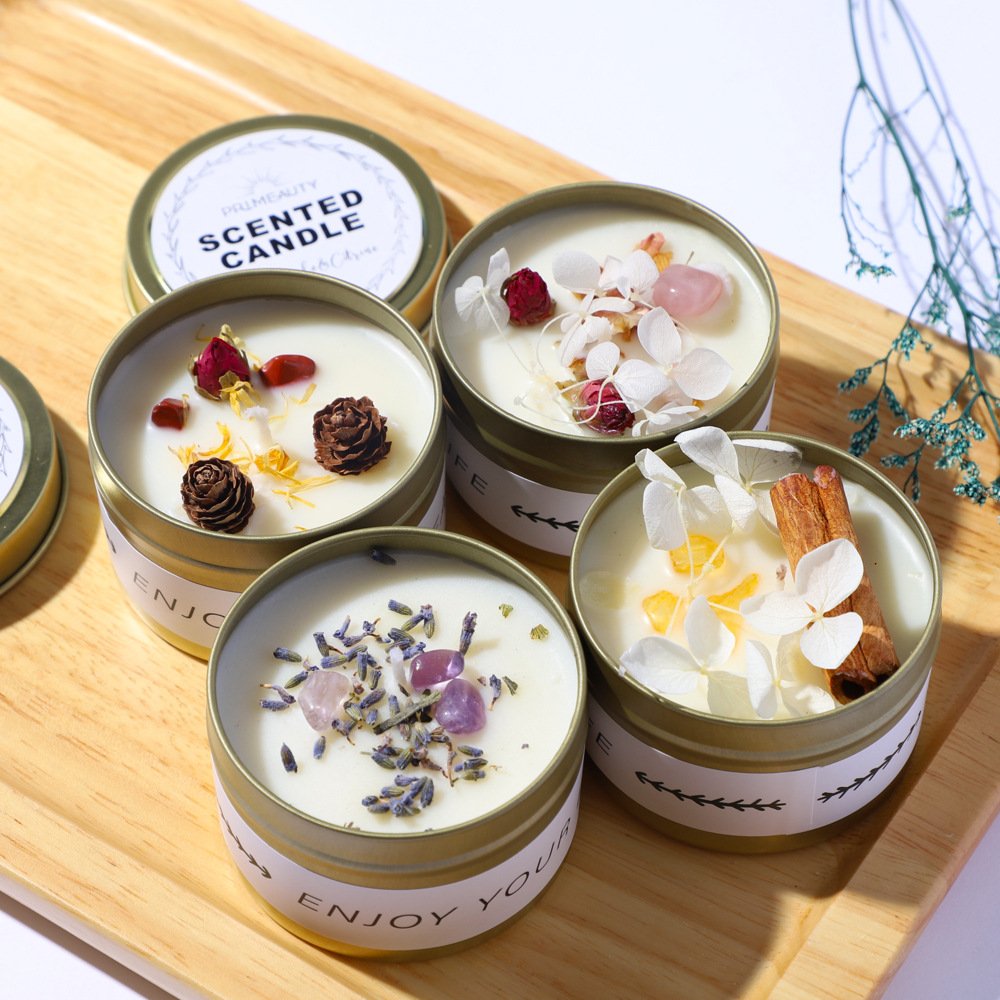 Wholesale luxury Gemstones Vegan Dried Flowers Tin Jar candle Luxury Scented candle with crystal in gift box