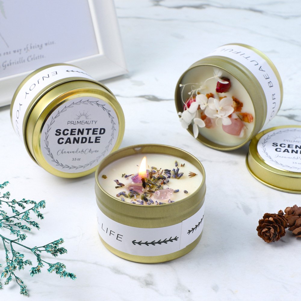 Wholesale luxury Gemstones Vegan Dried Flowers Tin Jar candle Luxury Scented candle with crystal in gift box