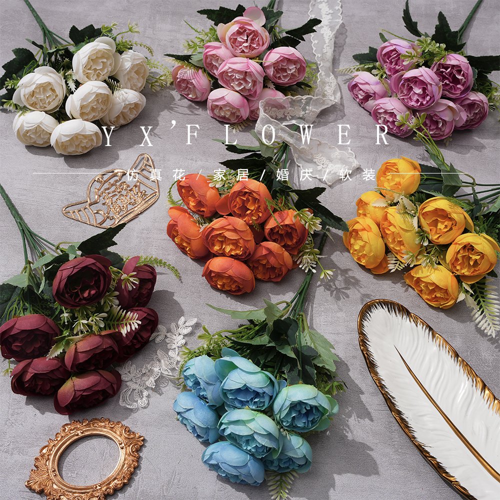 7 head tea rose small bundle tea pod cross-border foreign trade wholesale simulation flower Garden hotel soft silk flower