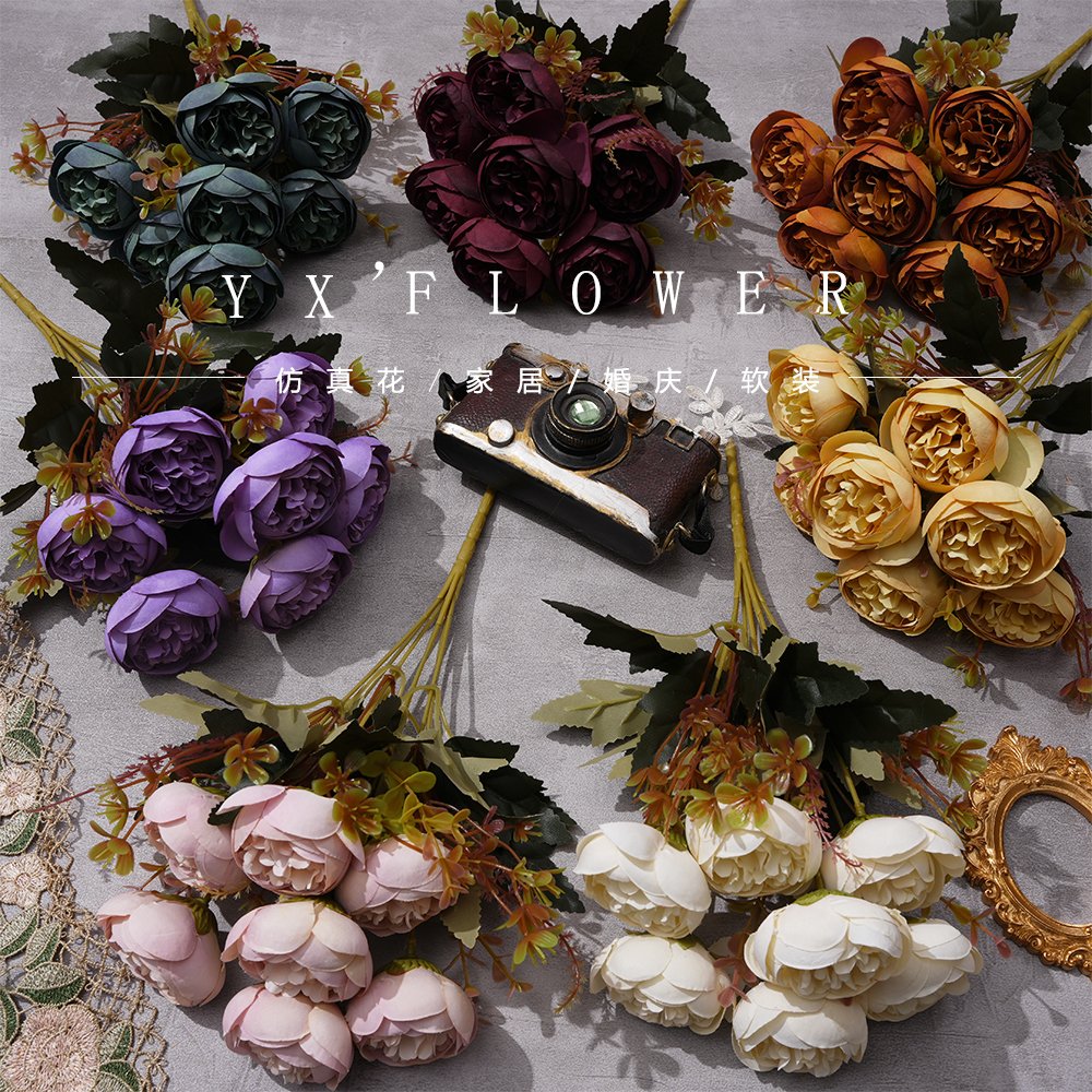 7 head tea rose small bundle tea pod cross-border foreign trade wholesale simulation flower Garden hotel soft silk flower