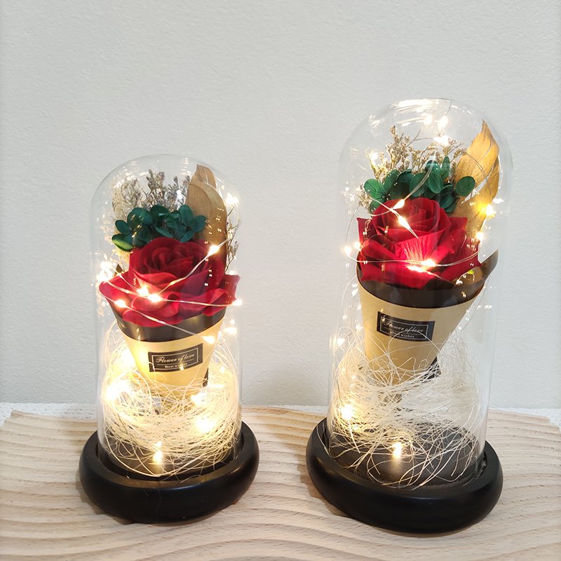 Wholesale LED Light Dried Flowers In Glass Dome Artificial Dried Flower Bouquet Gift For Valentine's Day