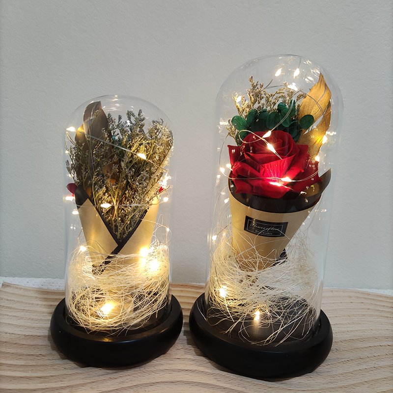 Wholesale LED Light Dried Flowers In Glass Dome Artificial Dried Flower Bouquet Gift For Valentine's Day