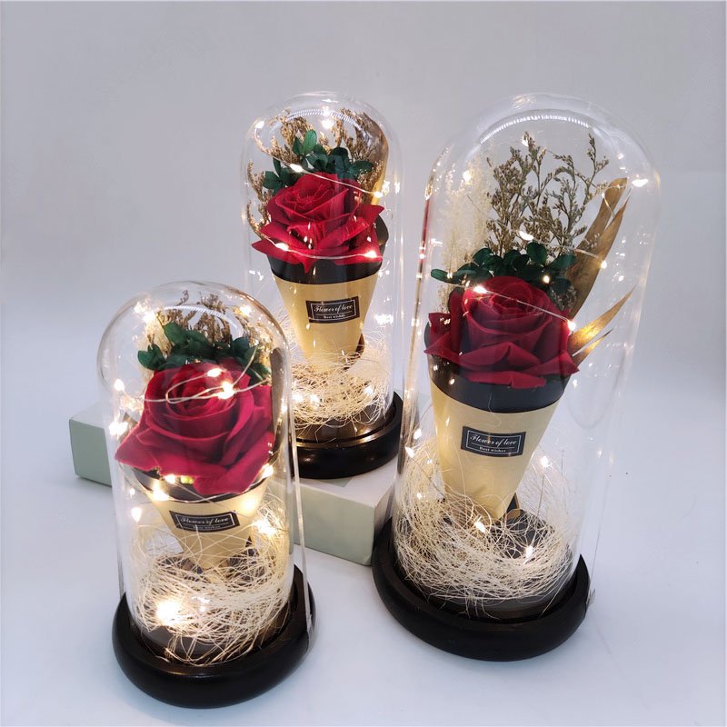 Wholesale LED Light Dried Flowers In Glass Dome Artificial Dried Flower Bouquet Gift For Valentine's Day