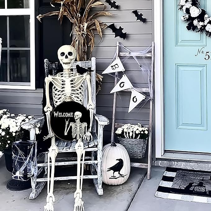 Wooden UV Print Halloween Home Decor Wreath Scary Skeleton Front Door Hanging Wreath Halloween Party Supplies