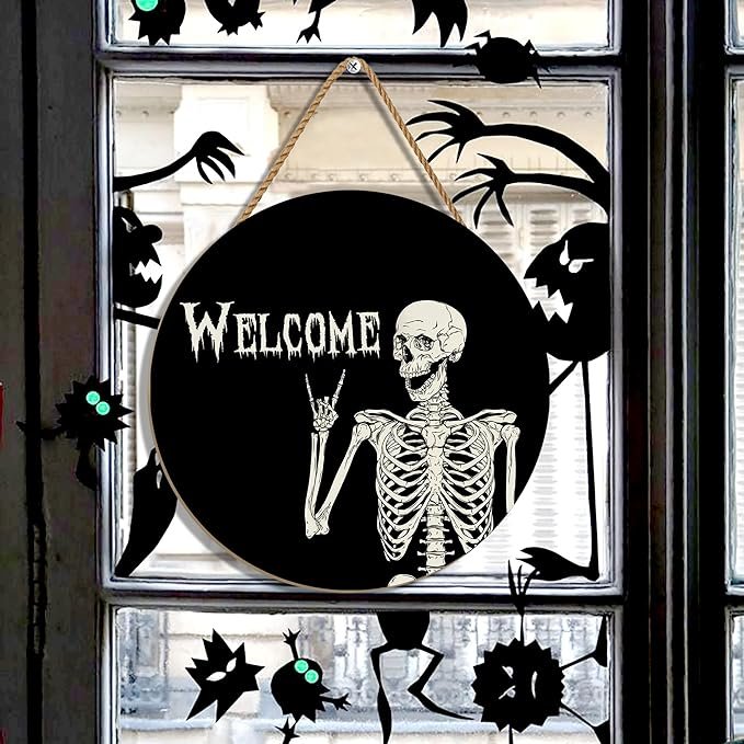 Wooden UV Print Halloween Home Decor Wreath Scary Skeleton Front Door Hanging Wreath Halloween Party Supplies
