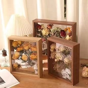Wooden Dried Flower Photo Frame Bouquet Display Stand Decorative Floating Photo Frame Dark Walnut Brown Box 8 x 10'', 10 x 10''