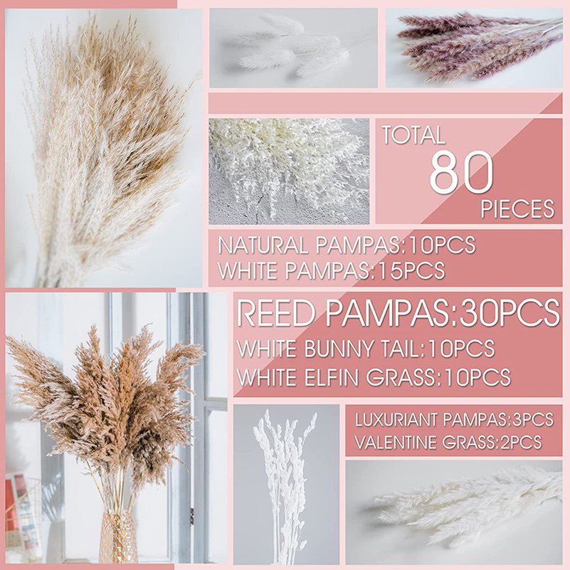 80Pcs Fluffy Pampas Grass Bouquet Boho Home Decor Dried Flowers for Wedding Floral Room Home Natural Dried Pampas Grass