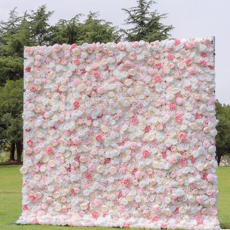 Custom Flowerwall 5d 3d White Roll Up Cloth Flower Wall Wedding Decor Artificial Silk Rose Flower Panel Backdrop Flower Wall