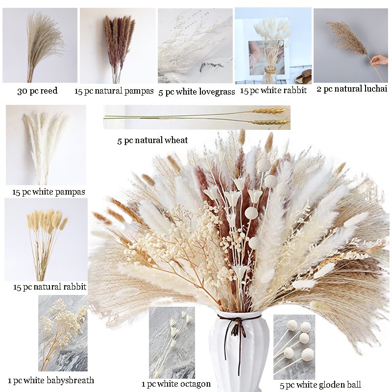 100-110 Pcs Natural Pampas Grass Mix Bouquet Boho Home Decor Dried Flowers Bouquet Bunny Tail Home Wedding Decoration
