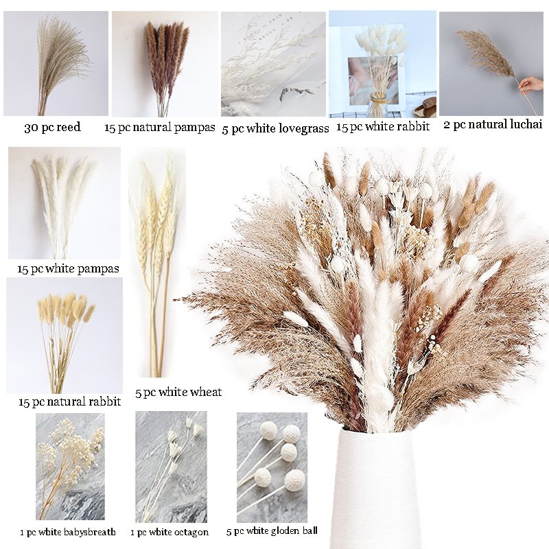 100-110 Pcs Natural Pampas Grass Mix Bouquet Boho Home Decor Dried Flowers Bouquet Bunny Tail Home Wedding Decoration