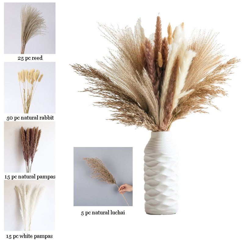 100-110 Pcs Natural Pampas Grass Mix Bouquet Boho Home Decor Dried Flowers Bouquet Bunny Tail Home Wedding Decoration