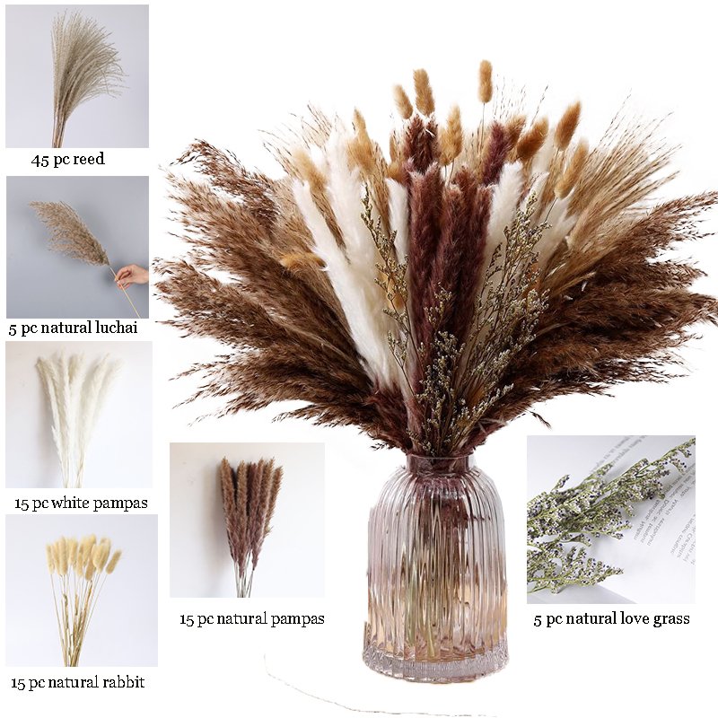 100-110 Pcs Natural Pampas Grass Mix Bouquet Boho Home Decor Dried Flowers Bouquet Bunny Tail Home Wedding Decoration