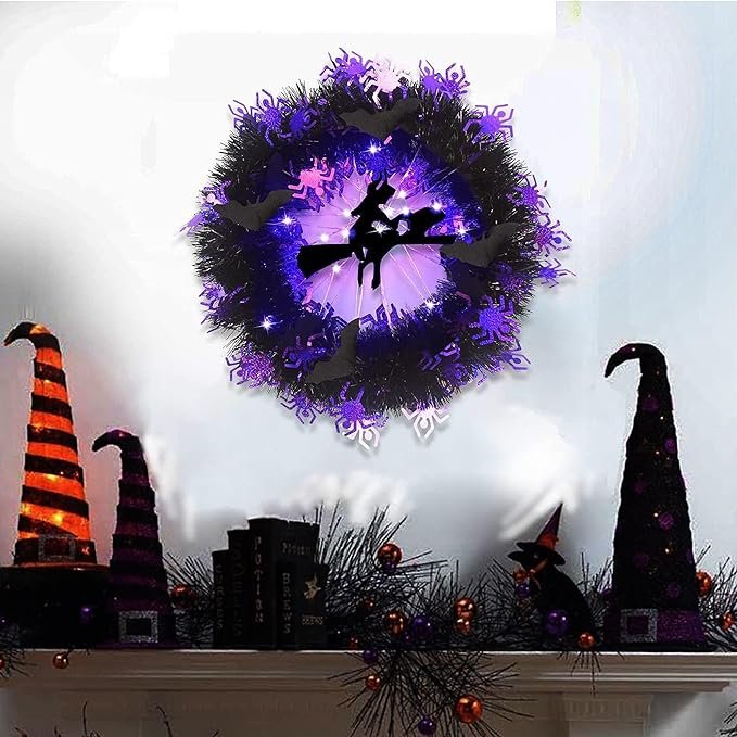 Halloween Bat Decoration Wreath Front Door Hanging Witch Broom Door Wreath Happy Halloween Supplies Wreaths