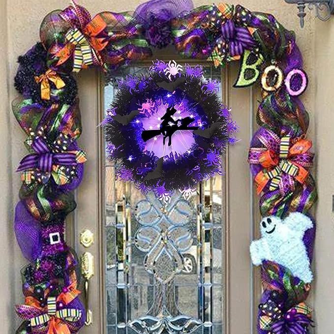 Halloween Bat Decoration Wreath Front Door Hanging Witch Broom Door Wreath Happy Halloween Supplies Wreaths