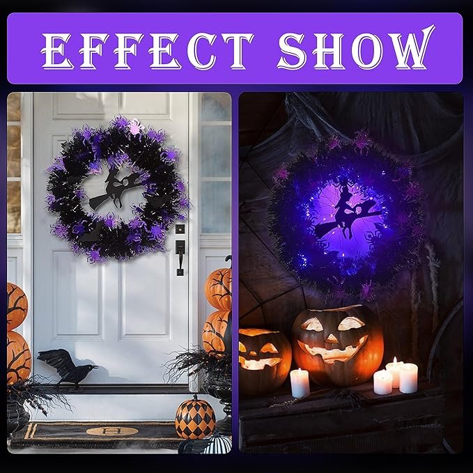 Halloween Bat Decoration Wreath Front Door Hanging Witch Broom Door Wreath Happy Halloween Supplies Wreaths