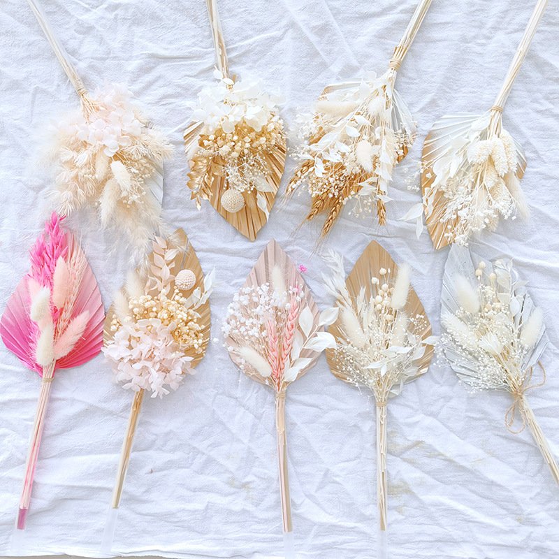 Hot Sell Cake Decorations Supplies Dried Flower Cake Topper Palm Leaf Bouquet Cupcake Topper Happy Birthday Cake Toppers