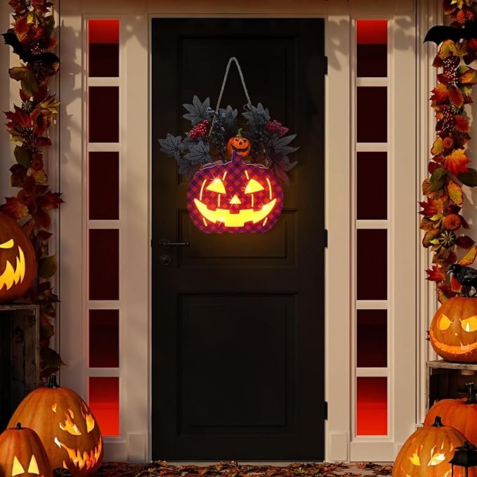 Front Door Pumpkin Halloween Wreath Light Up Halloween Decorations Outdoor Indoor Home Scary Atmosphere Decorations