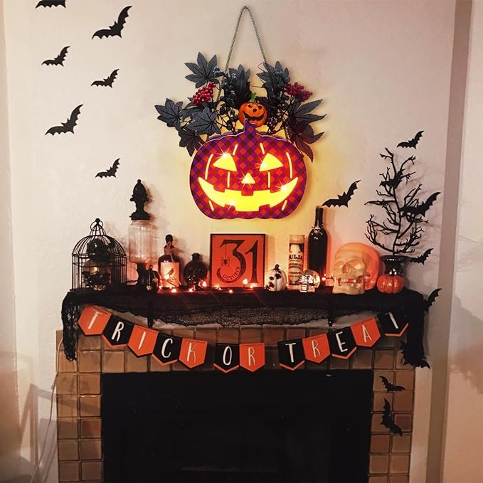 Front Door Pumpkin Halloween Wreath Light Up Halloween Decorations Outdoor Indoor Home Scary Atmosphere Decorations