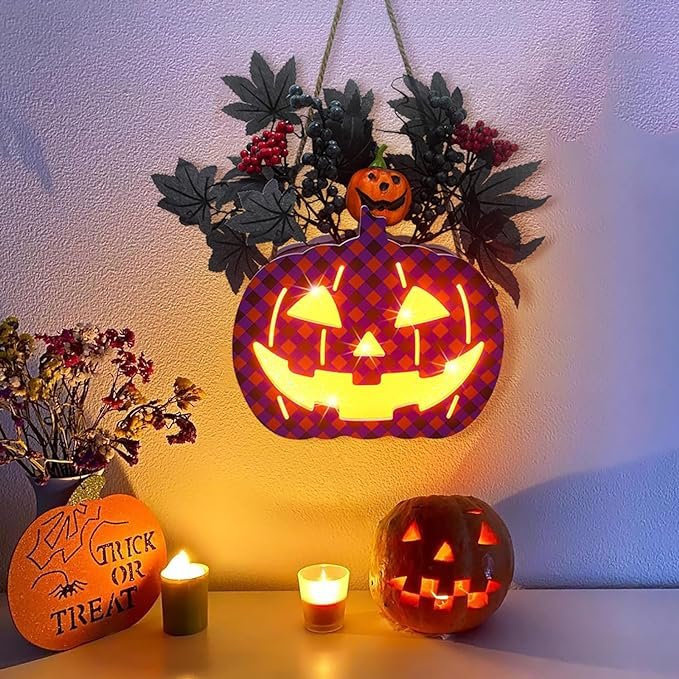 Front Door Pumpkin Halloween Wreath Light Up Halloween Decorations Outdoor Indoor Home Scary Atmosphere Decorations