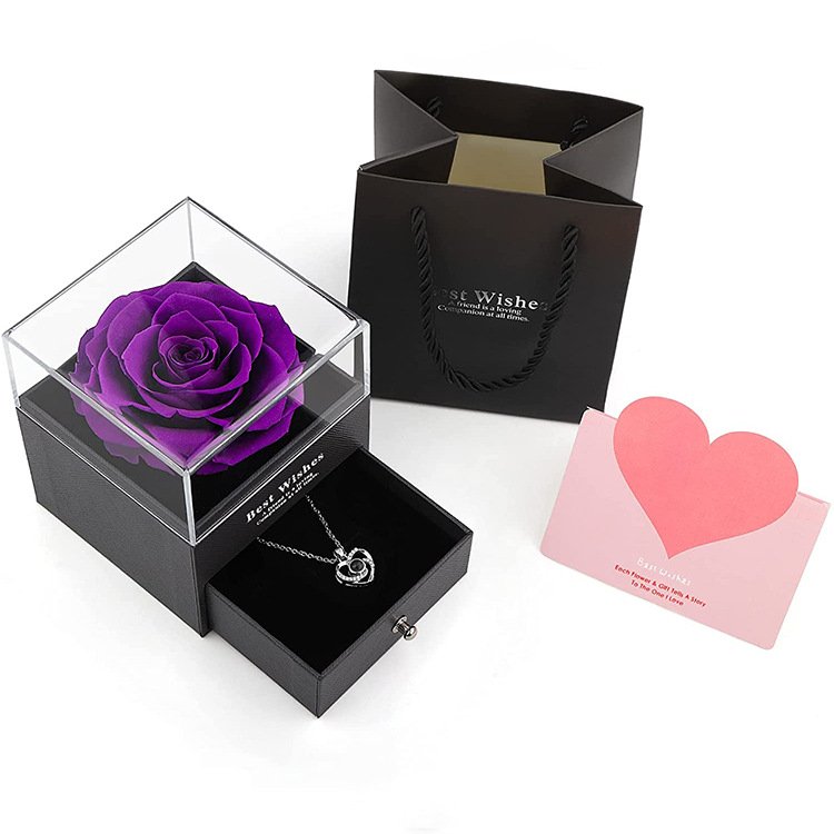 Valentines day gift red dried everlasting forever eternal rose jewelry box preserved flowers with jewelry box eternal rose