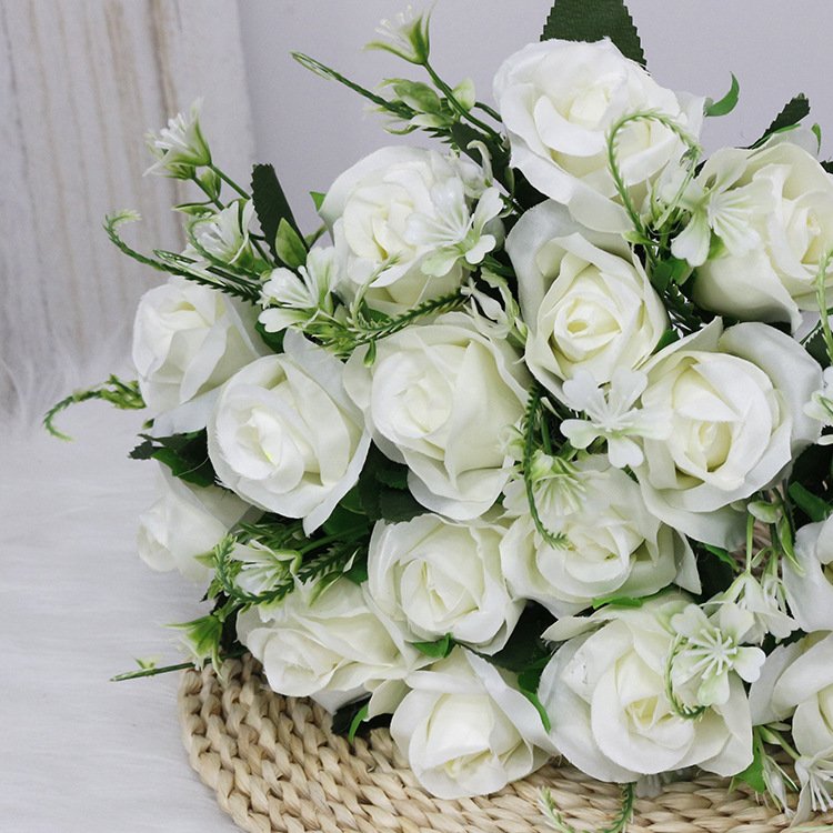 Maylos18heads Faux White Rose flower bouquet Bridal Ball Fake flower bouquet for Wedding decor