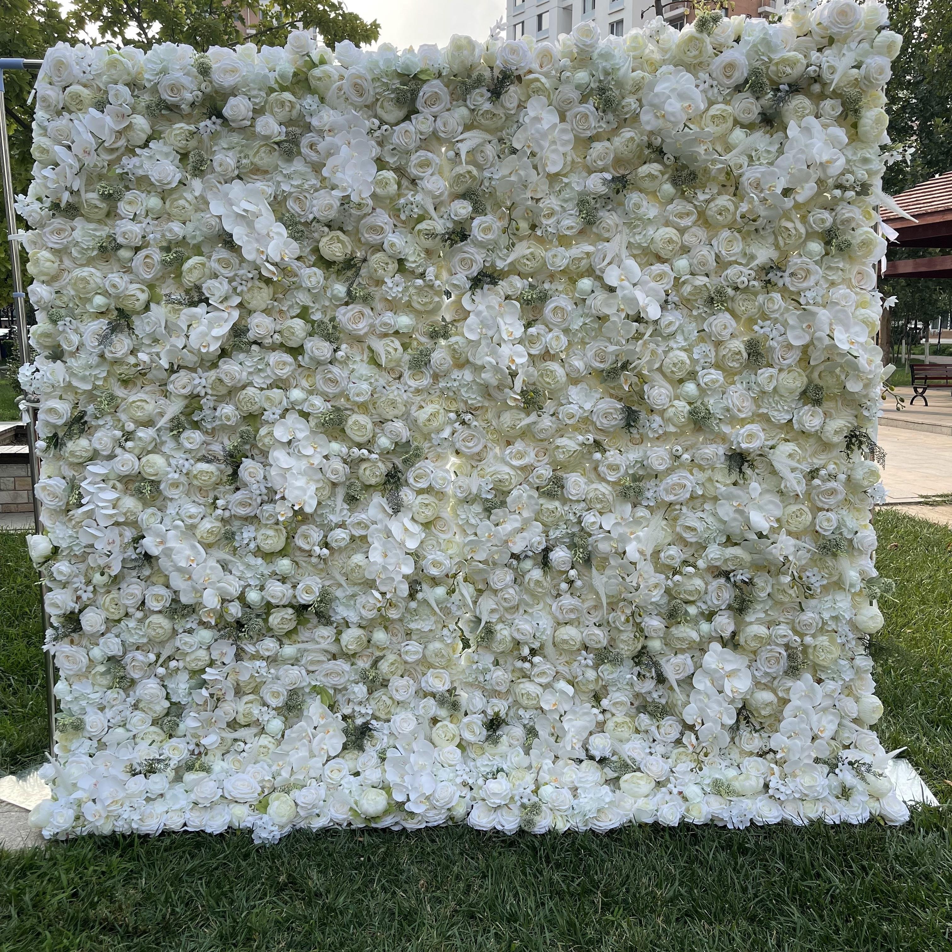 Decorative wedding decoration flower wall panel background 3d white pink rose rayon rolled up pampas reed