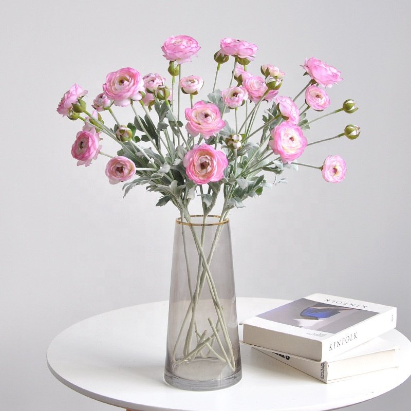 INS New Arrival 6 Heads Flocked 27inch Poppy Pink Peony Tea Rose White Ranunculus Flower Artificial for Home Decor